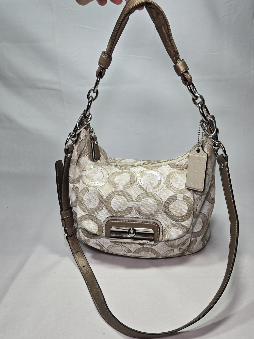COACH Kristen Sequins OP Art Beige Hobo Bag W/both straps & charms Luxury